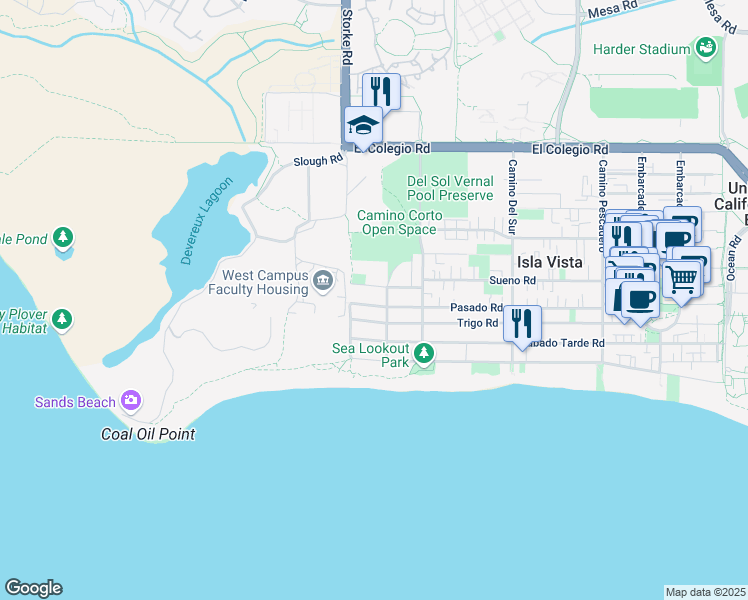 map of restaurants, bars, coffee shops, grocery stores, and more near 6845 Pasado Road in Goleta