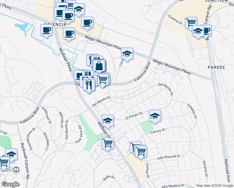 map of restaurants, bars, coffee shops, grocery stores, and more near 26212 Benito Court in Santa Clarita