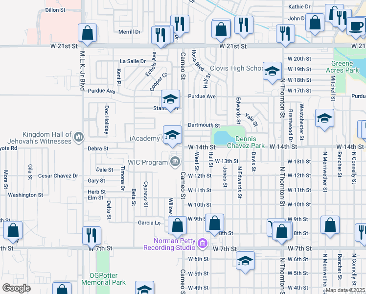 map of restaurants, bars, coffee shops, grocery stores, and more near 1400 Cameo Street in Clovis