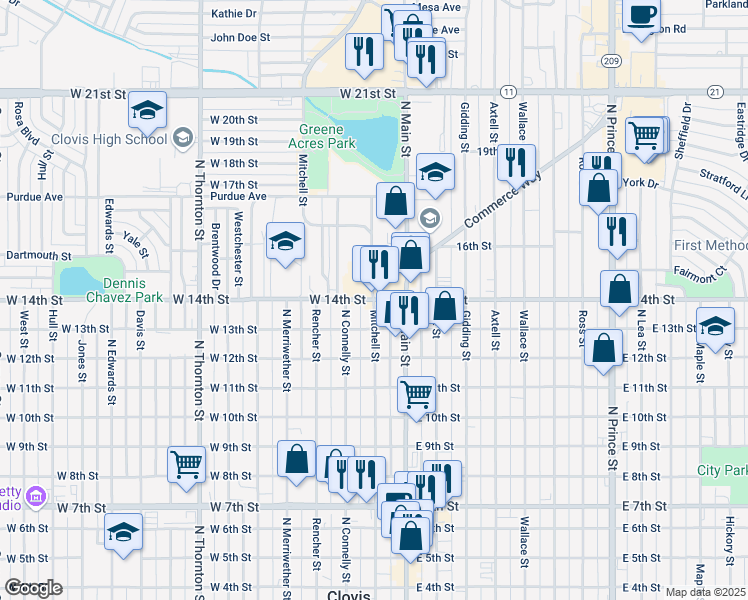 map of restaurants, bars, coffee shops, grocery stores, and more near 1400 Mitchell Street in Clovis