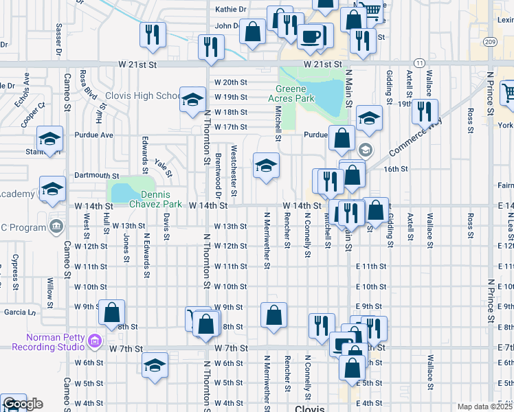 map of restaurants, bars, coffee shops, grocery stores, and more near 500 West 14th Street in Clovis
