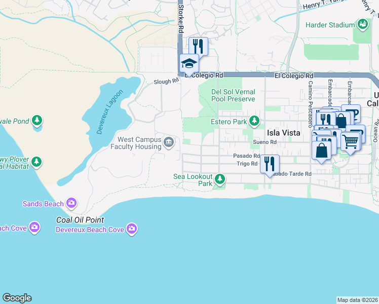 map of restaurants, bars, coffee shops, grocery stores, and more near 6898 Trigo Road in Goleta