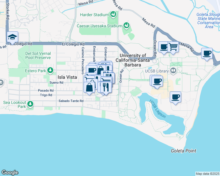 map of restaurants, bars, coffee shops, grocery stores, and more near 6519 Seville Road in Goleta