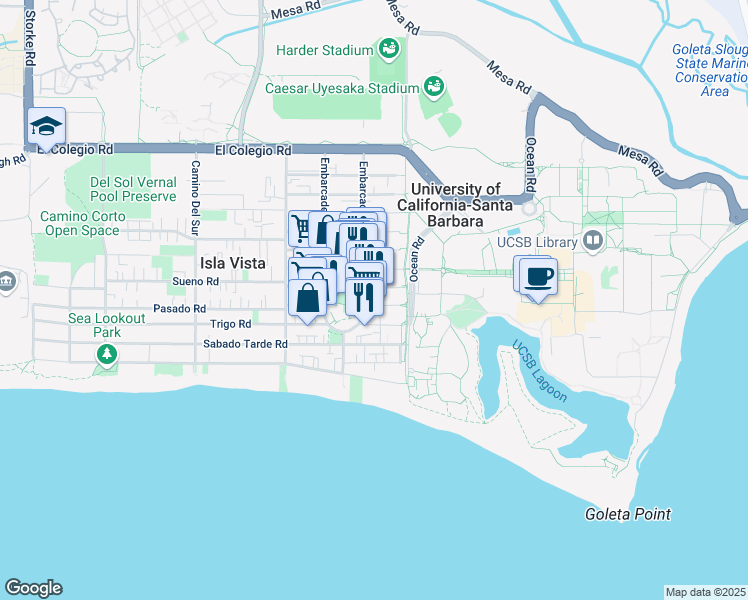 map of restaurants, bars, coffee shops, grocery stores, and more near 6530 Seville Road in Goleta