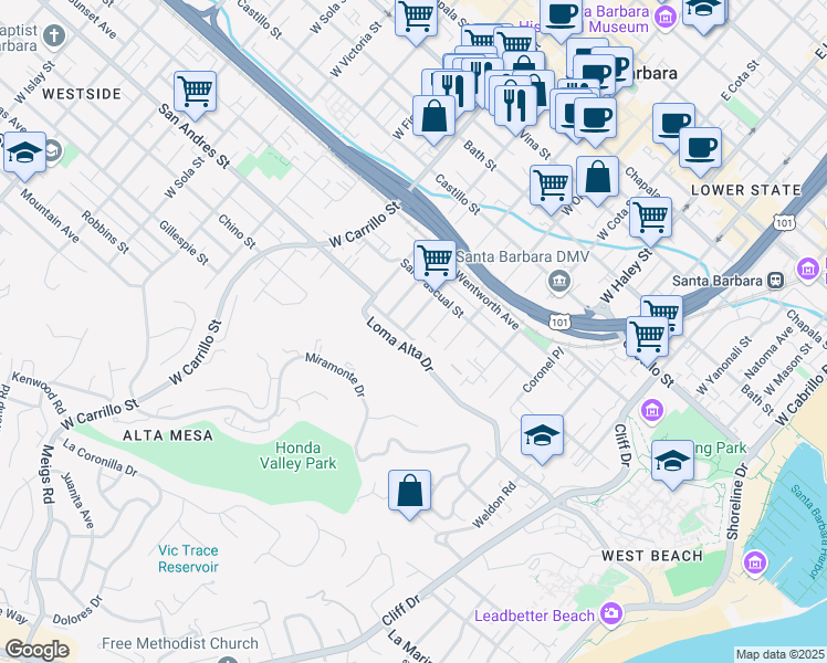 map of restaurants, bars, coffee shops, grocery stores, and more near 801 Marilla Avenue in Santa Barbara
