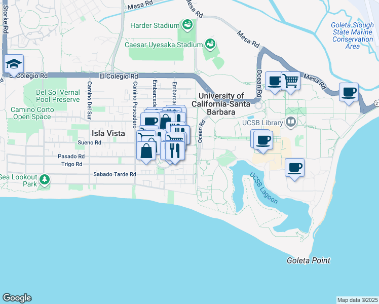 map of restaurants, bars, coffee shops, grocery stores, and more near 6519 Seville Road in Goleta