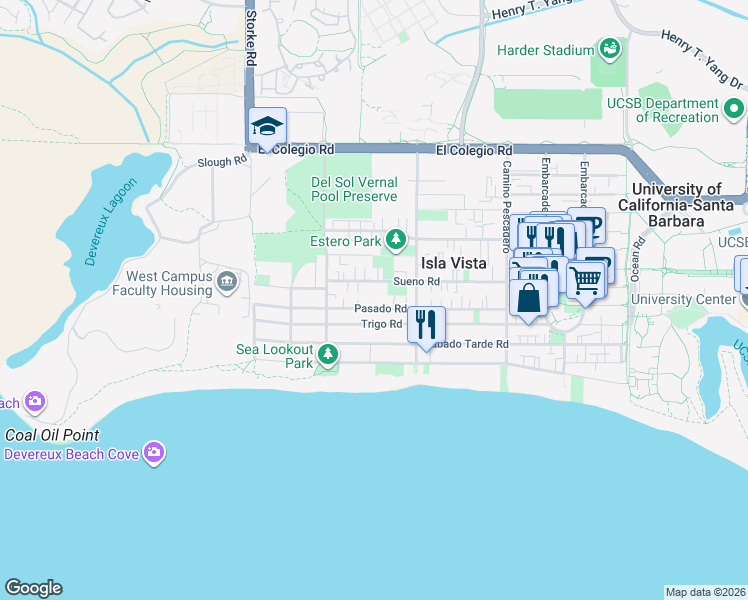 map of restaurants, bars, coffee shops, grocery stores, and more near 6760 Trigo Road in Goleta