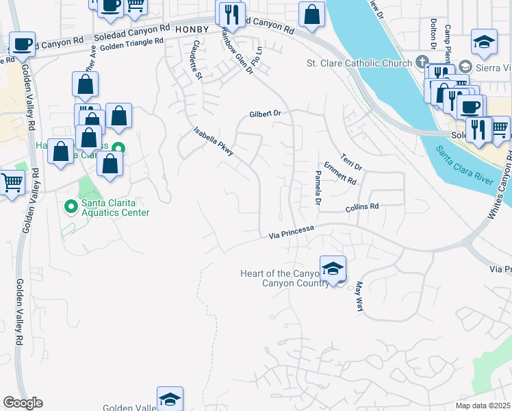 map of restaurants, bars, coffee shops, grocery stores, and more near 26514 Isabella Parkway in Santa Clarita