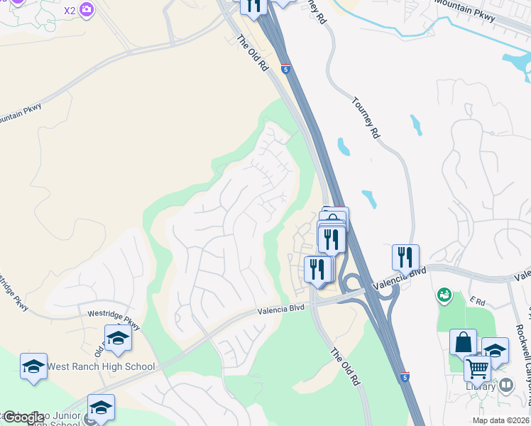 map of restaurants, bars, coffee shops, grocery stores, and more near 27103 Pine Valley Drive in Los Angeles County