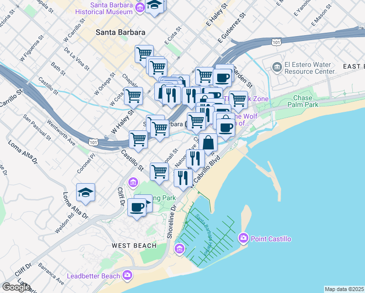 map of restaurants, bars, coffee shops, grocery stores, and more near 125 West Yanonali Street in Santa Barbara