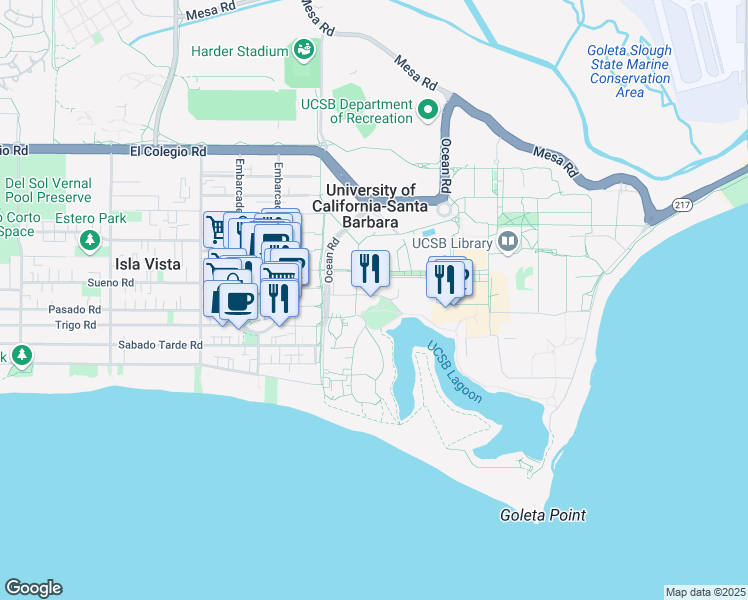 map of restaurants, bars, coffee shops, grocery stores, and more near in Isla Vista