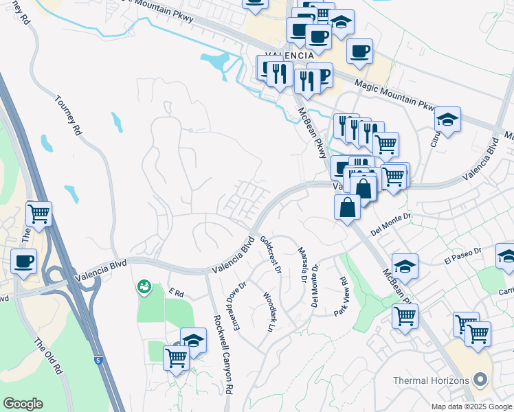 map of restaurants, bars, coffee shops, grocery stores, and more near 27014 Monterey Avenue in Santa Clarita