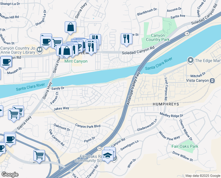 map of restaurants, bars, coffee shops, grocery stores, and more near 17901 Danielson Street in Los Angeles County