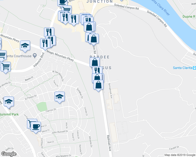 map of restaurants, bars, coffee shops, grocery stores, and more near 25865 Railroad Ave in Santa Clarita