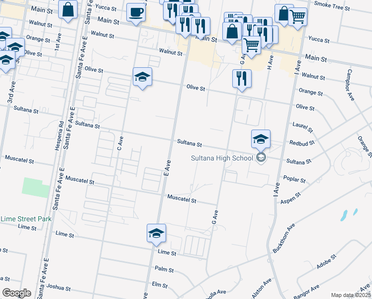 map of restaurants, bars, coffee shops, grocery stores, and more near 17085 Sultana Street in Hesperia