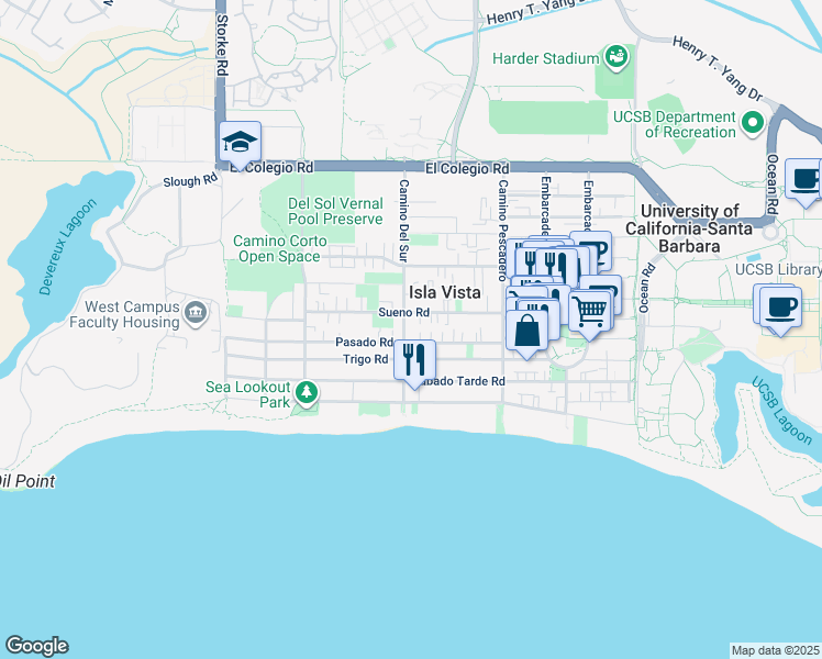 map of restaurants, bars, coffee shops, grocery stores, and more near 6689 Pasado Road in Isla Vista