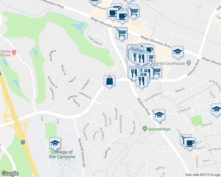 map of restaurants, bars, coffee shops, grocery stores, and more near 24448 Valencia Boulevard in Santa Clarita