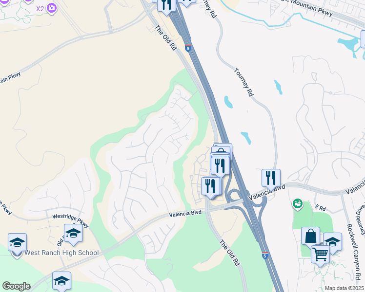 map of restaurants, bars, coffee shops, grocery stores, and more near 27012 Fairway Lane in Stevenson Ranch