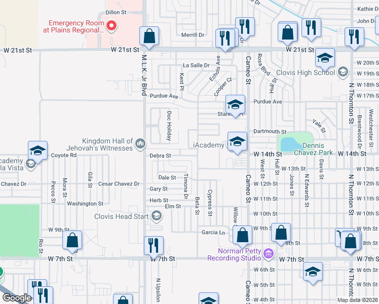 map of restaurants, bars, coffee shops, grocery stores, and more near 1817 Debra Street in Clovis