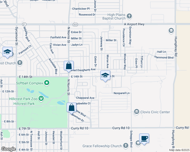 map of restaurants, bars, coffee shops, grocery stores, and more near 2404 East 14th Street in Clovis