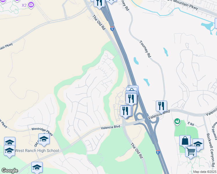 map of restaurants, bars, coffee shops, grocery stores, and more near 27012 Fairway Lane in Stevenson Ranch