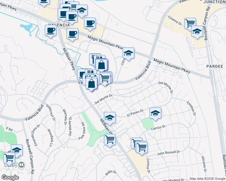 map of restaurants, bars, coffee shops, grocery stores, and more near 24005 Pasala Court in Santa Clarita