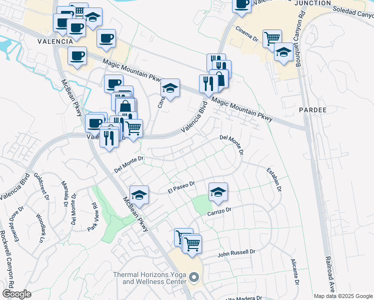 map of restaurants, bars, coffee shops, grocery stores, and more near 23731 Del Monte Drive in Santa Clarita