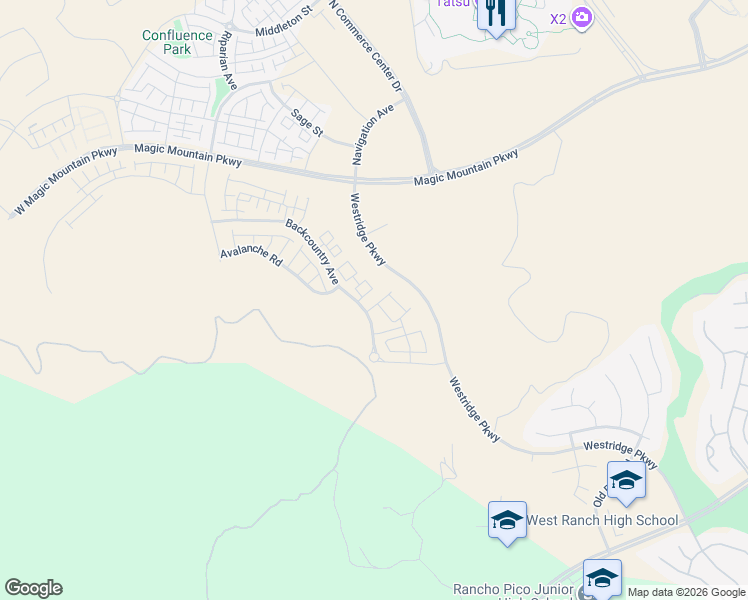 map of restaurants, bars, coffee shops, grocery stores, and more near Westridge Parkway in Stevenson Ranch