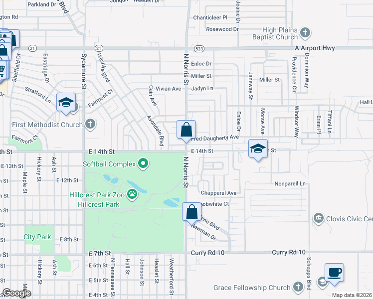 map of restaurants, bars, coffee shops, grocery stores, and more near 2108 East 14th Street in Clovis