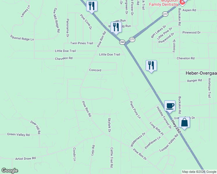 map of restaurants, bars, coffee shops, grocery stores, and more near 2013 Christmas Pine Road in Heber-Overgaard