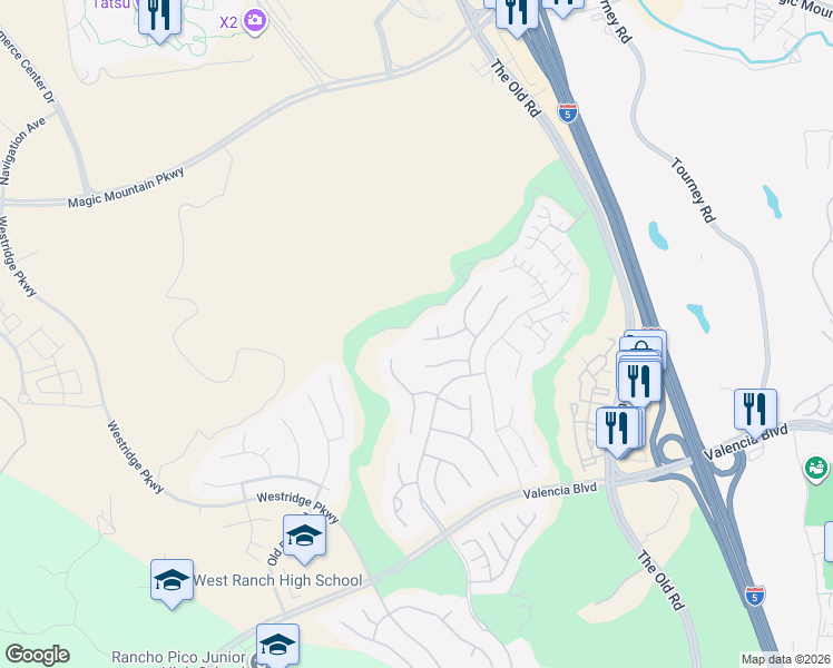 map of restaurants, bars, coffee shops, grocery stores, and more near 25663 Elmwood Lane in Stevenson Ranch