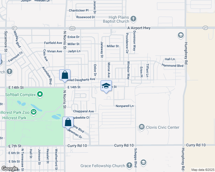 map of restaurants, bars, coffee shops, grocery stores, and more near 2404 East 14th Street in Clovis