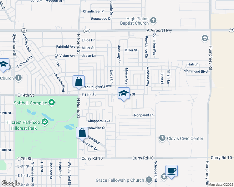 map of restaurants, bars, coffee shops, grocery stores, and more near 2404 East 14th Street in Clovis
