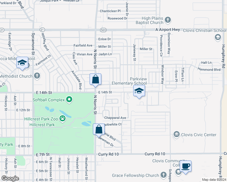 map of restaurants, bars, coffee shops, grocery stores, and more near 2304 South Whippoorwill Way in Clovis
