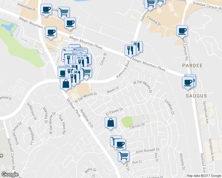 map of restaurants, bars, coffee shops, grocery stores, and more near 26180 Montolla Lane in Santa Clarita