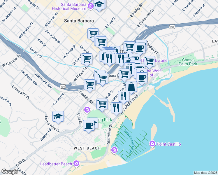 map of restaurants, bars, coffee shops, grocery stores, and more near 205 West Yanonali Street in Santa Barbara