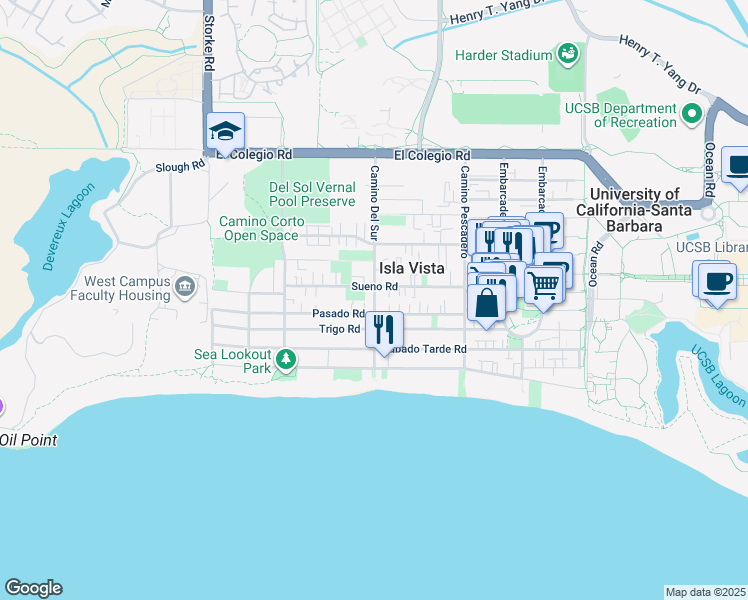 map of restaurants, bars, coffee shops, grocery stores, and more near 6689 Pasado Road in Isla Vista