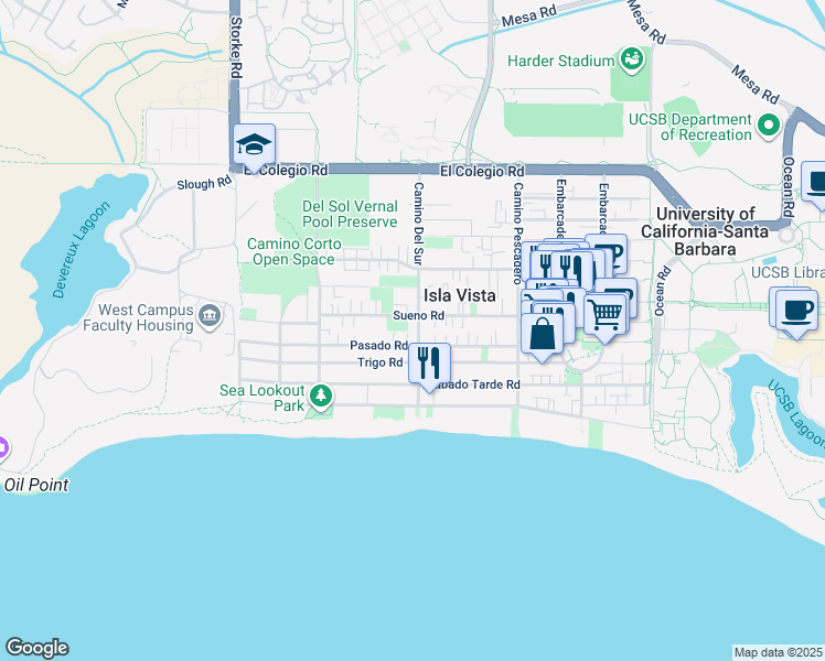map of restaurants, bars, coffee shops, grocery stores, and more near 6720 Trigo Road in Isla Vista
