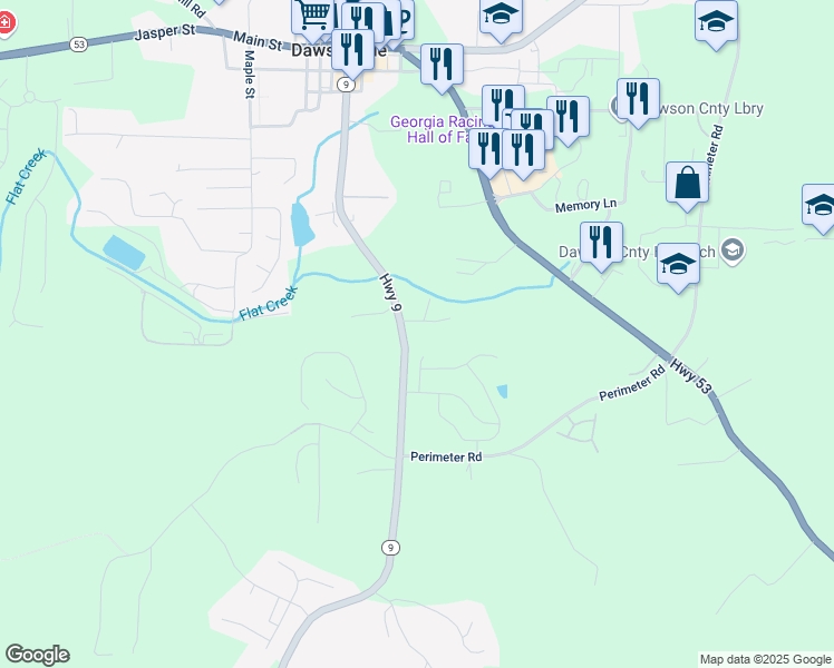 map of restaurants, bars, coffee shops, grocery stores, and more near 653 Georgia 9 in Dawsonville