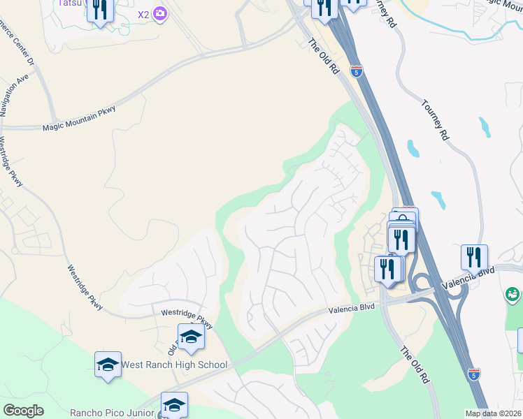 map of restaurants, bars, coffee shops, grocery stores, and more near 25663 Elmwood Lane in Stevenson Ranch