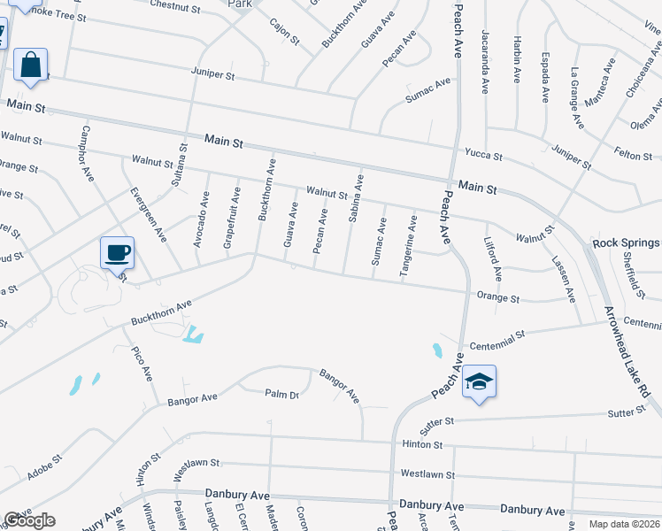 map of restaurants, bars, coffee shops, grocery stores, and more near 18146 Orange Street in Hesperia