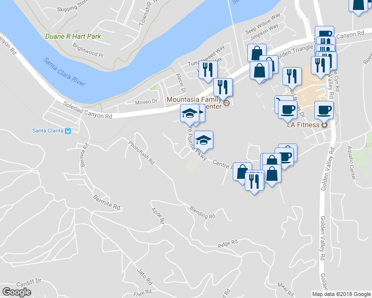 map of restaurants, bars, coffee shops, grocery stores, and more near 21711 Doss Place in Santa Clarita