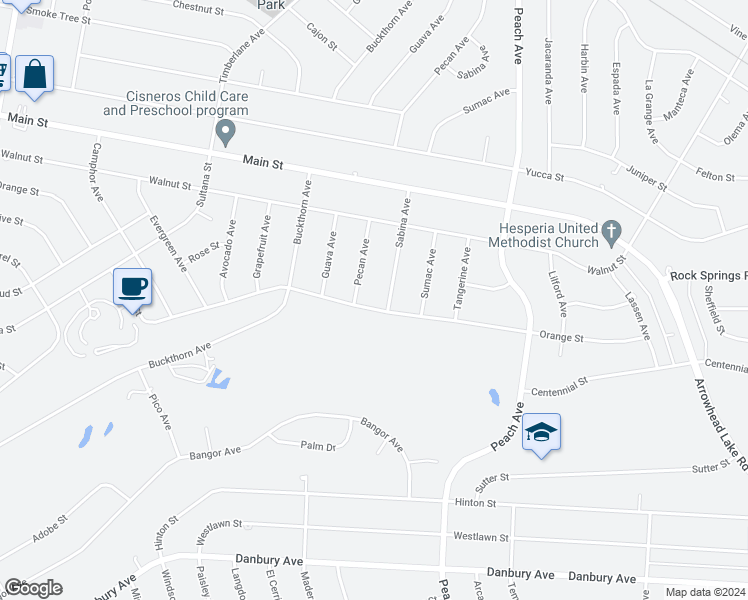 map of restaurants, bars, coffee shops, grocery stores, and more near 18146 Orange Street in Hesperia
