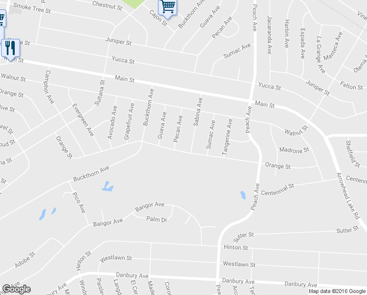 map of restaurants, bars, coffee shops, grocery stores, and more near 18146 Orange Street in Hesperia