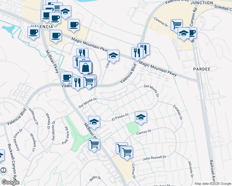 map of restaurants, bars, coffee shops, grocery stores, and more near 23839 Del Monte Drive in Santa Clarita