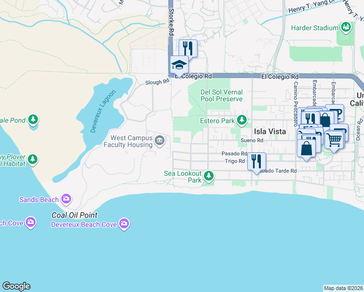 map of restaurants, bars, coffee shops, grocery stores, and more near 860 Camino Lindo in Goleta