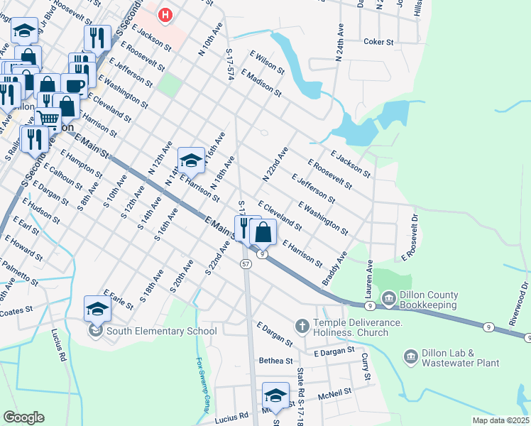 map of restaurants, bars, coffee shops, grocery stores, and more near 1201 East Cleveland Street in Dillon