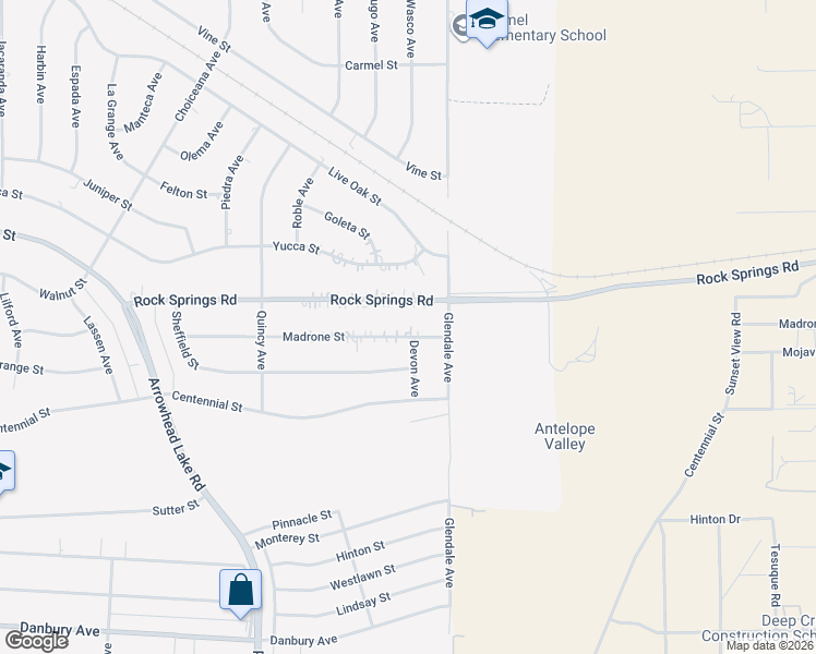 map of restaurants, bars, coffee shops, grocery stores, and more near 19224 Madrone Street in Hesperia