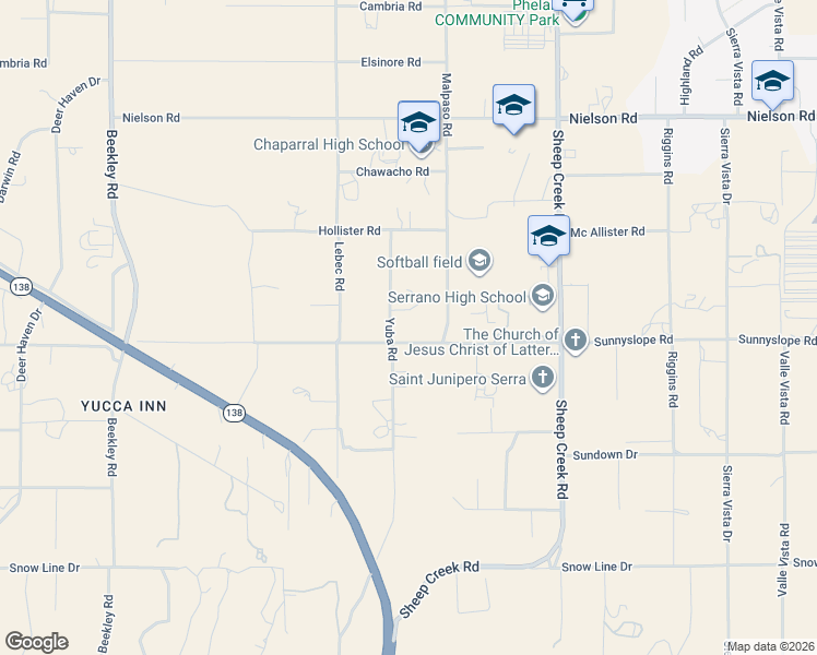 map of restaurants, bars, coffee shops, grocery stores, and more near 8925 Yuba Road in Phelan