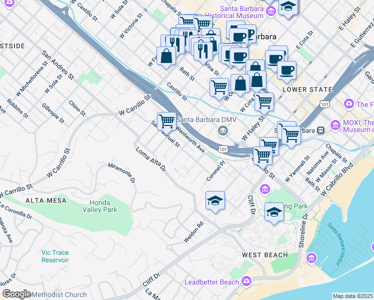 map of restaurants, bars, coffee shops, grocery stores, and more near 634 San Pascual Street in Santa Barbara